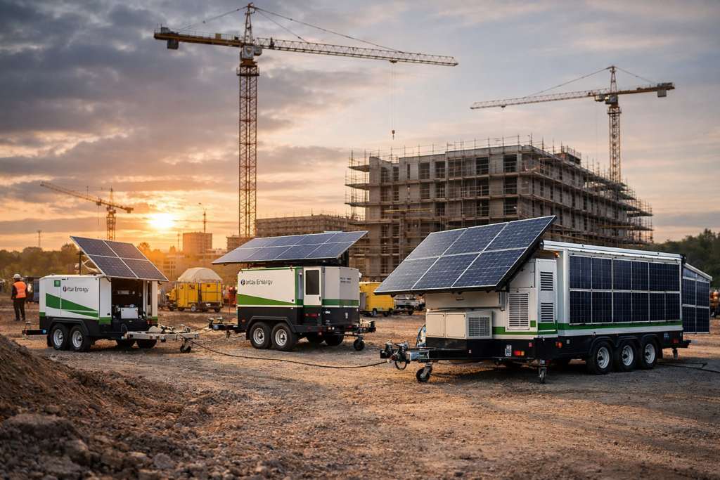 Remorques de production solaire alimentant un chantier de construction sans raccordement réseau